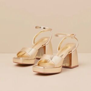 Lulu's Metallic Gold Platform Block Heel Sandals with Ankle Strap